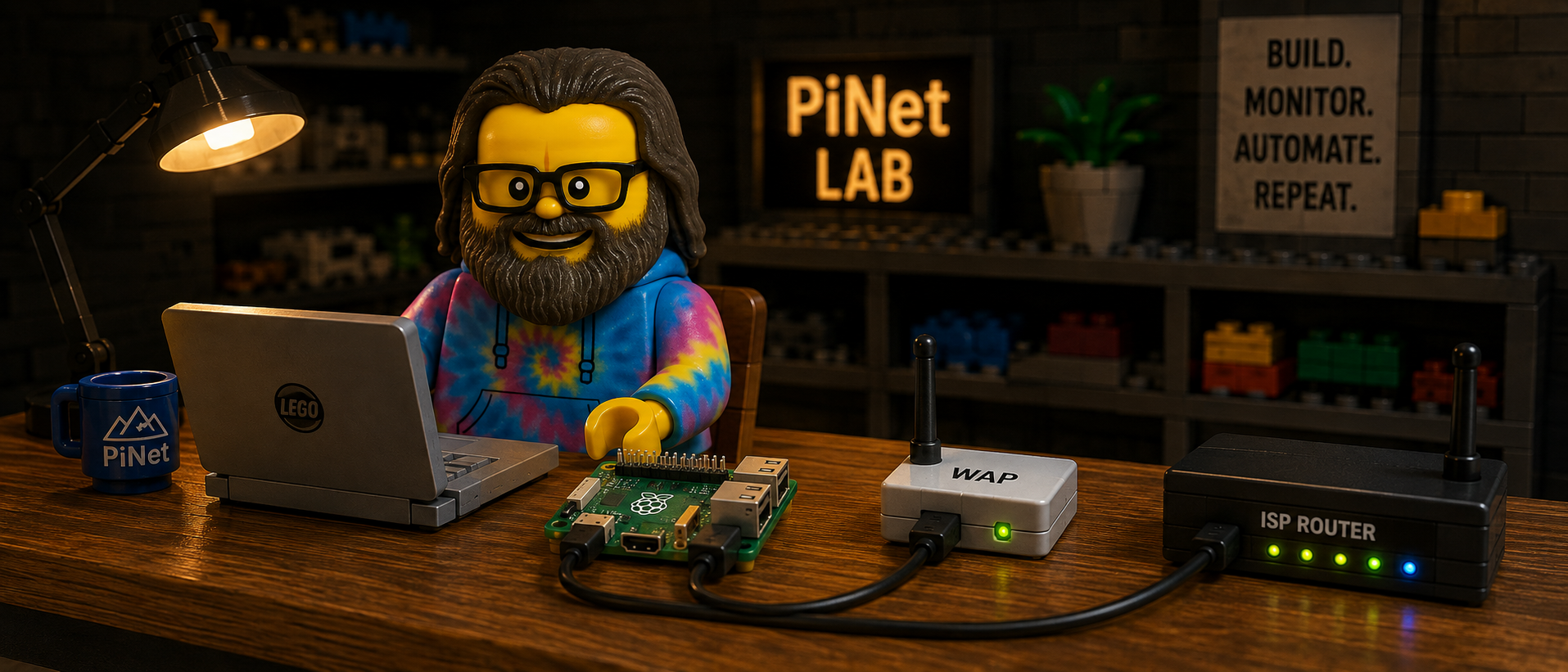 LEGO Paul at the PiNet Lab — Raspberry Pi, WAP, and ISP Router on the desk