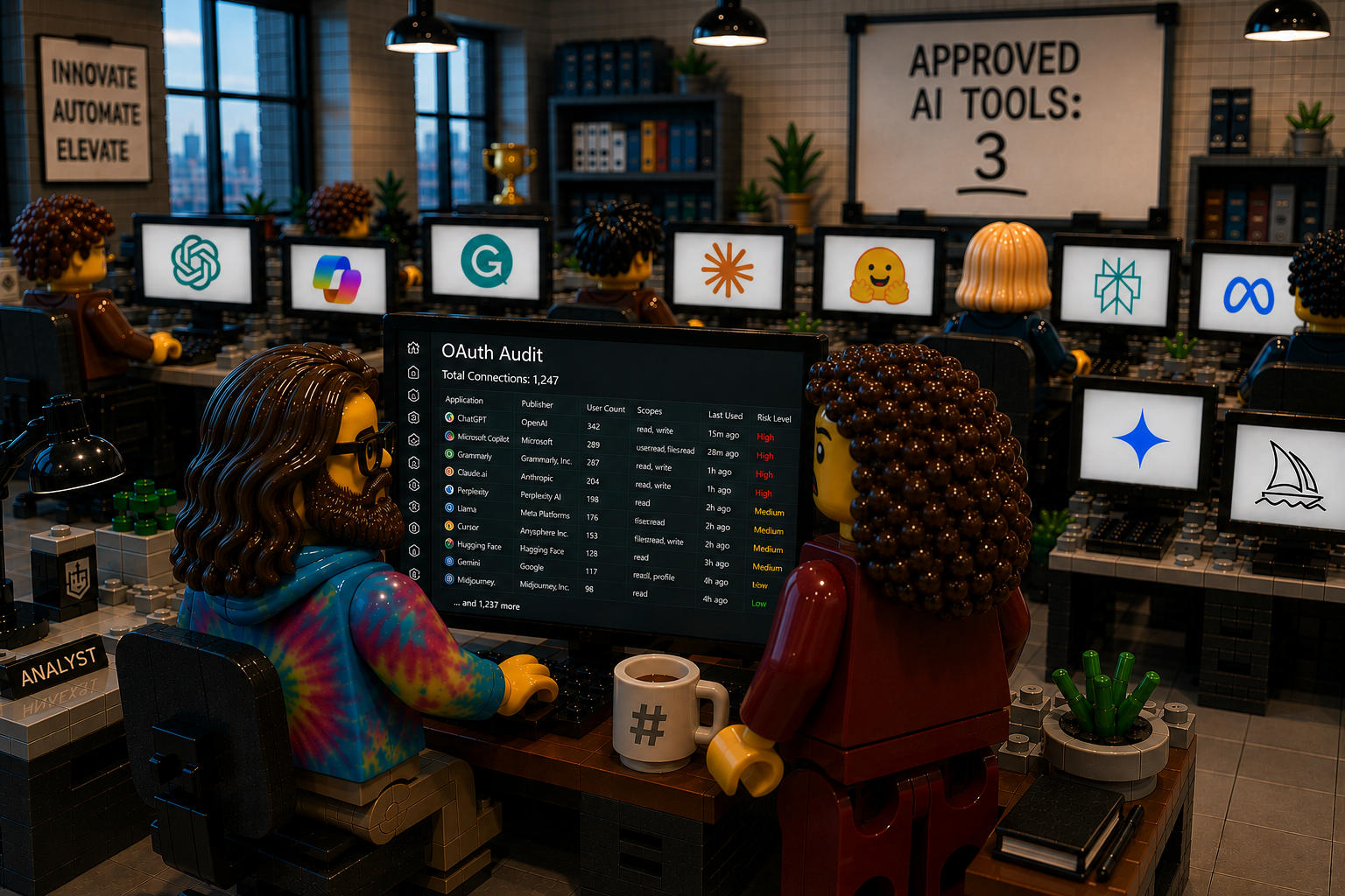 LEGO analyst reviewing an OAuth audit showing 1,247 AI tool connections, against a whiteboard reading Approved AI Tools: 3